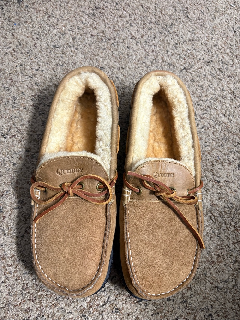Quoddy Tan Suede Shearling-Lined Moccasin Loafers